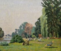 William Henry Innes (British, 1905-1999) Oil on board Figures seated in deckchairs beside a river,