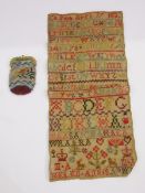 Small glass beadwork and gilt metal purse, bird decorated, and 19th century sampler with alphabet