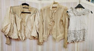 Edwardian lace blouse, silk and lace detail across the shoulders and back, blue ribbon threaded