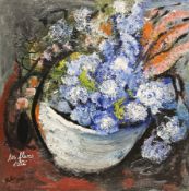 Michael John Bolan (1939-1995) Mixed media on hessian Still life flowers in a vase titled 'Les
