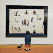 Chris Chapman (Contemporary) Oil on board Woman and dog looking at a L S Lowryish (Lowry)