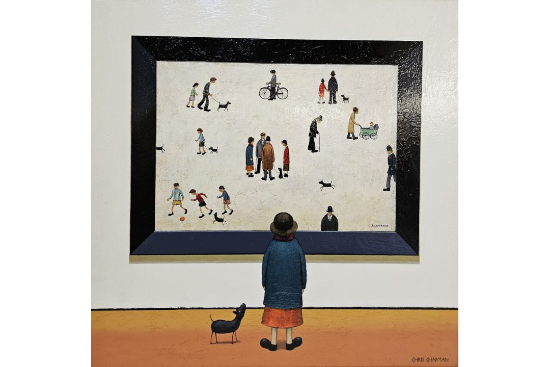 Chris Chapman (Contemporary) Oil on board Woman and dog looking at a L S Lowryish (Lowry) - Image 1 of 3