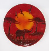 Anita Harris Studio hand painted charger, decorated with elephant and birds in African landscape, on