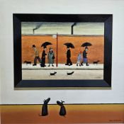 Chris Chapman (contemporary) Oil on board Two dogs in front of an L S Lowryish (Lowry) painting,