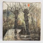 Michael John Bolan (1939-1995) Mixed media on hessian and mounted on board Red sun behind trees,