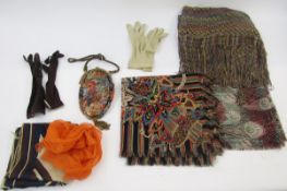 20th century multi-coloured and metallic fabric purse with bronze metal bead tassel and metal