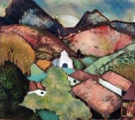 Beryl Turpin (1926 - 2016) Enamel on copper 'Trees, Mountains, Buildings', signed and titled to