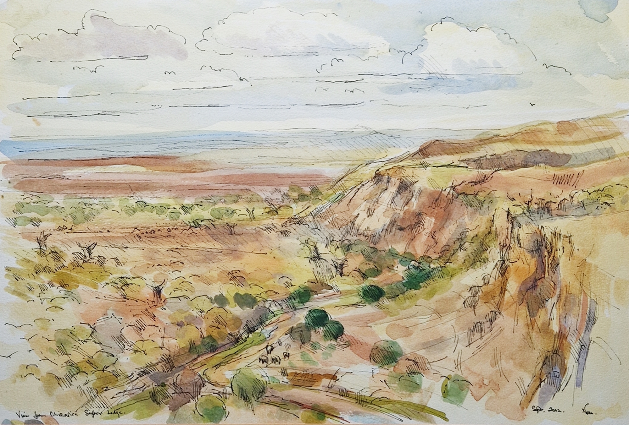 Daryl Christopher Nero (b.1946) Watercolour and black ink on paper View from Chizarira Safari Lodge,