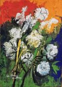 Michael John Bolan (1939-1995) Mixed media on hessian Still life flowers in a vase titled 'Fleurs