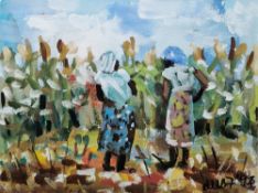21st century African School Paint on paper Two women cotton picking, indistinctly signed and