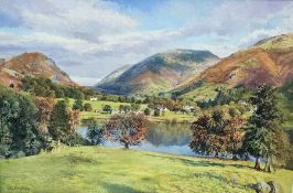 Ron Humphries (contemporary) Oil on canvas Lake District, autumnal lake landscape with dwellings