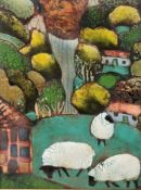 Beryl Turpin (1926 - 2016) Enamel on copper 'Waterfall and Sheep', signed and inscribed to