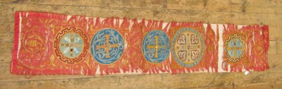 Antique silk embroidery of five panels showing 'Coptic' Greek Orthodox crosses, there are the