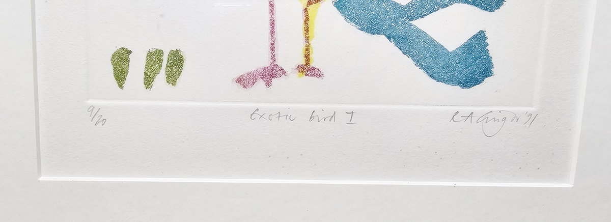 R A ???gor (20th century) Aquatint "Exotic Bird 1", limited edition, signed, titled and numbered 9/ - Image 3 of 9