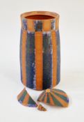 Emily Myers (b.1965), a studio pottery terracotta lidded pot with blue stripe decoration (lid