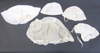 Six lace adorned and embroidered bonnets and bonnet veils, three pairs of lace and lace adorned