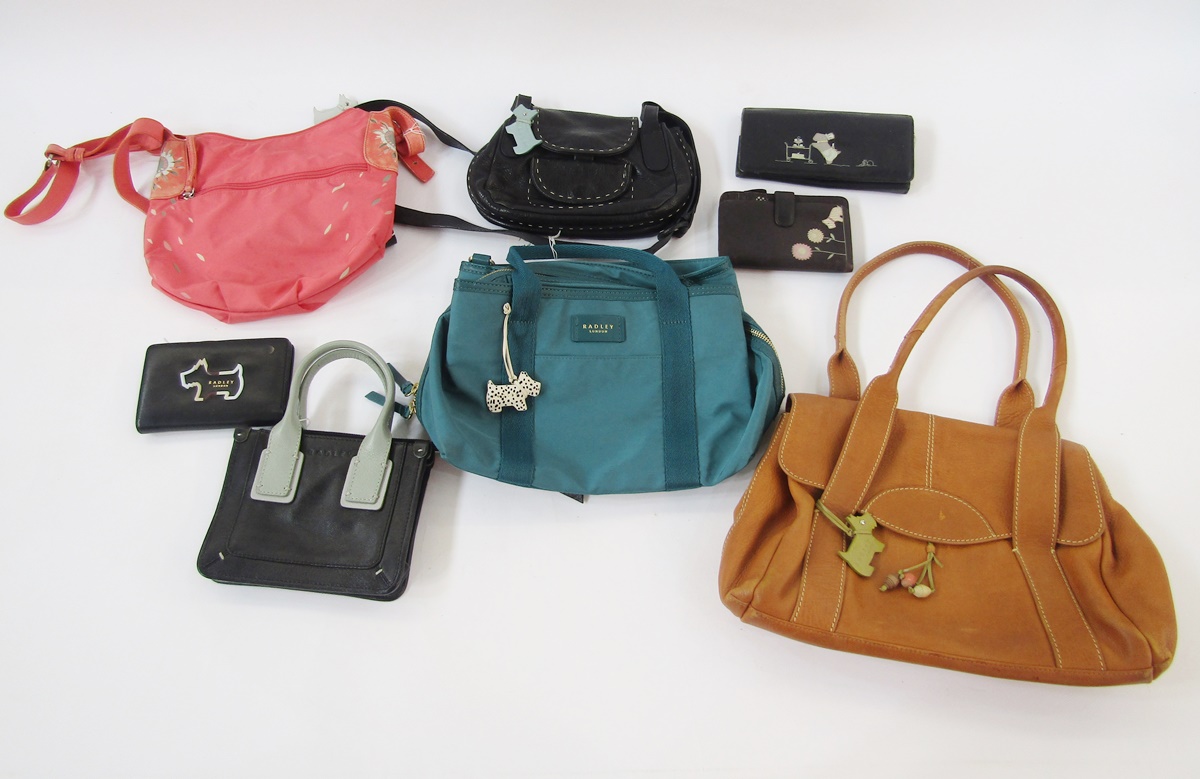 Collection of Radley handbags and purses including tan leather handbag, 37cm wide, black leather