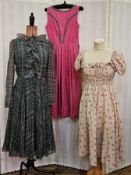 Tartan nylon chiffon dress with pleated skirt, frilled front to the bodice labelled 'Jean Allen,