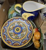 Small quantity of Portuguese-style decorated plates, an Italian crescent moon decorated jug, a Gaudy