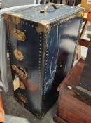 Metal bound and blue painted steamer trunk, 87cm x 34cm x 53cm