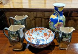Japanese imari-style flared rim bowl, three Rubian Art pottery peach decorated lustre vases in