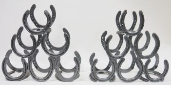 Two six-bottle pyramid wine racks constructed from horseshoes (2)