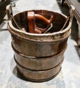 Coopered wood and wrought iron bucket with Chinese character marks to side, a vintage wood plane and