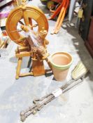 Wooden spinning wheel, a glazed jardinere pot and a part fireside companion set