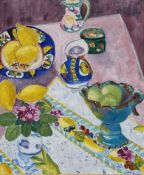 Jane Furst (b.1944) Oil on canvas Still life with lemons, signed lower right, framed, 61cm x 51cm