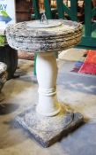 Small sundial mounted on a reconstituted stone pillar stand, 63cm high x 43cm diameter