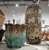 Large Japanese Satsuma-style stickstand and a green glazed leaf moulded jardiniere (2)