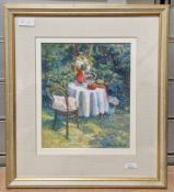 Jackie Saunders (20th century) Pastel 'The Garden Table', signed lower right, framed and glazed,