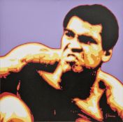 After George Ioannou (Greek, 1926-2017) Oil print on canvas  'Your Hand Can't Hit What Your Eyes