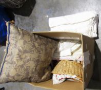 Three Thai-style puppets and a quantity of fabric to include lace, linen and other items (1 box)