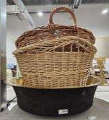 Large brass wash tub/bowl and two wicker baskets (3)