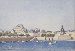 John Michael Webster (1932-2020) Watercolour drawing View of a port, signed lower left, framed and