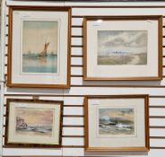 Four watercolours and a print depicting coastal and maritime scenes (5)