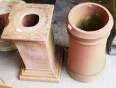 Square form terracotta garden pillar, 55cm and a cylindrical terracotta chimney pot, 59cm (2)
