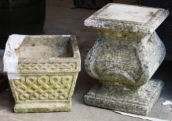 Reconstituted stone square planter with Celtic style twist decoration on a cast moulded pillar