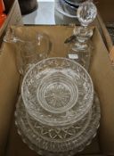 Glassware to include a Stuart floral engraved glass decanter, assorted bowls and serving dishes