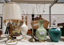 Four contemporary table lamps including a Homebase brushed metal column table lamp, a green glazed