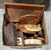 Assorted treen, 20th century wooden boxes, a pierced folding bookend, a teak two-handled tray,