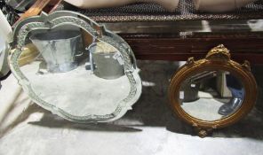 Large circular scalloped edge cut glass wall mirror, a giltwood framed circular wall mirror and