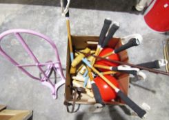 Selection of horse riding related items to include short handled polo mallets, two painted metal