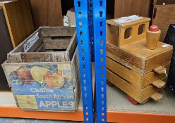 Wooden child's pullalong train set, one locomotive and two carriages with two vintage crates (3)