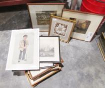 Assorted pictures including rooks print signed 13/50 Rosemary Pettel, a coloured engraving of a
