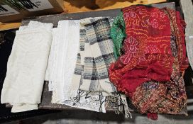 Assorted scarves, a sari, vintage fabric pieces and net curtains (1 box)