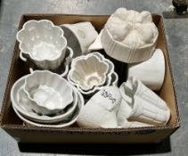 Quantity of white ceramic jelly moulds in various designs to include Shelley and others (1 box)