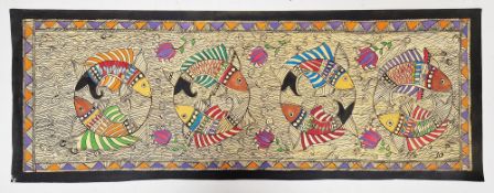 Hema Devi (Indian, 20th century) Ink and watercolour Madhubani school, frieze depicting four