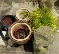 Eight various glazed and other plant pots in sizes with two small garden sculptures (10)